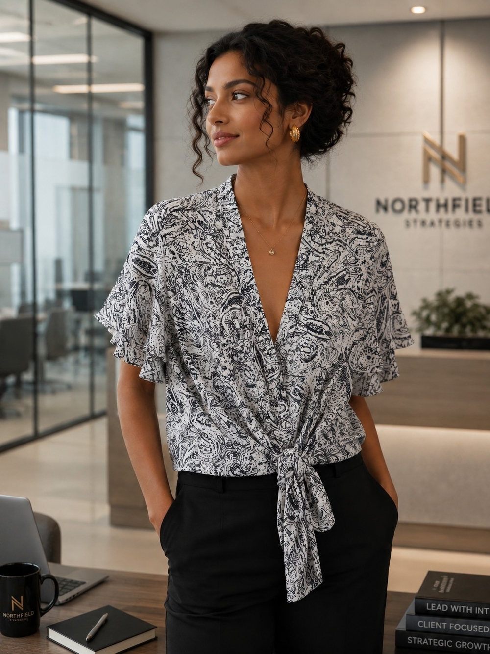 Worthington Black & White Paisley Tie-Front Blouse